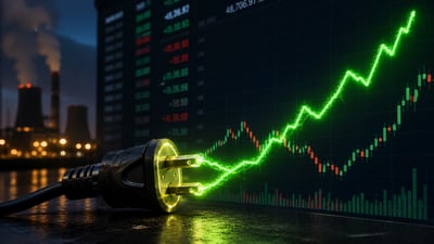 Glowing stock chart powered by electricity, symbolizing AI-driven energy demand boosting energy stocks.