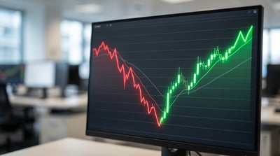 A desktop monitor in an office displays a candlestick stock price chart showing a sharp decline followed by a recovery.