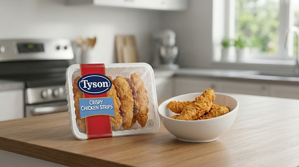 A package of Tyson Foods Crispy Chicken Strips displayed on a kitchen counter beside a bowl of the product.