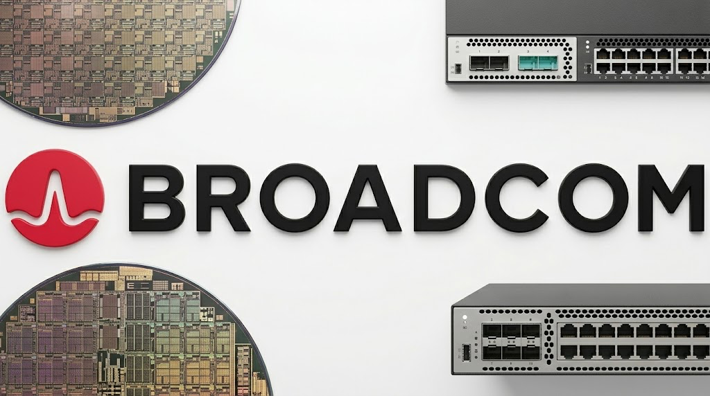 Broadcom logo displayed alongside semiconductor wafers and network switching hardware products.