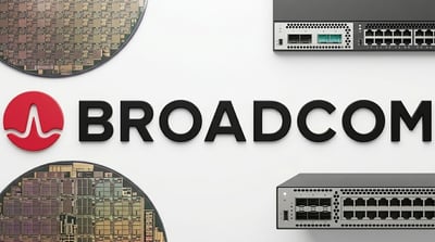 Broadcom logo displayed alongside semiconductor wafers and network switching hardware products.