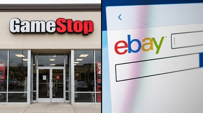 A GameStop retail store exterior alongside a close-up of the eBay website logo and search bar.