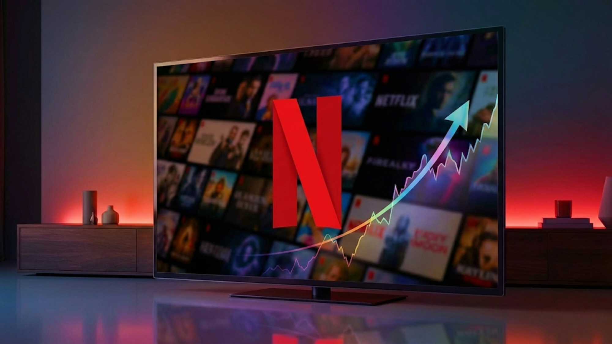 Netflix logo displayed on a flat-screen TV alongside an upward-trending stock price chart overlay.
