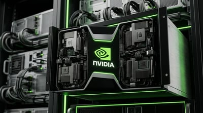 An NVIDIA-branded server unit with green LED lighting is mounted in a data center rack.