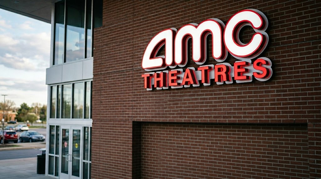 AMC Theatres illuminated signage on the brick exterior of a movie theater building.