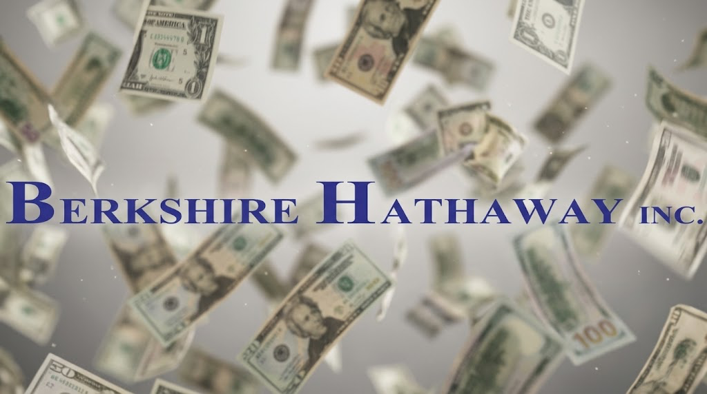 Berkshire Hathaway Inc. name displayed over a background of scattered U.S. currency bills.