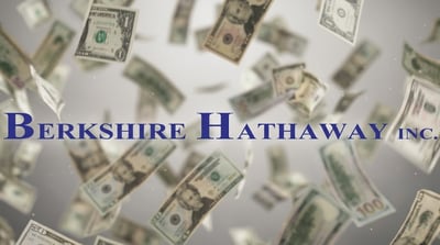 Berkshire Hathaway Inc. name displayed over a background of scattered U.S. currency bills.