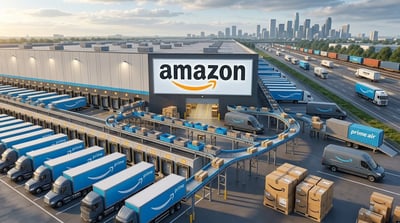 An Amazon fulfillment center with Prime-branded trucks, delivery vans, and a package conveyor system.