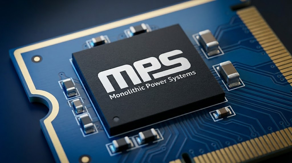 A Monolithic Power Systems branded semiconductor chip mounted on a blue circuit board.