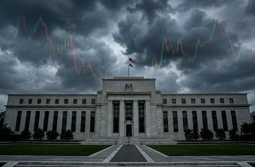 The Federal Reserve building in Washington, D.C., overlaid with a candlestick stock chart against a stormy sky.
