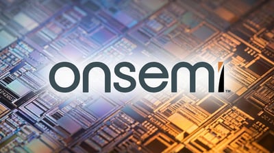 The onsemi logo displayed over a close-up background of a semiconductor wafer.