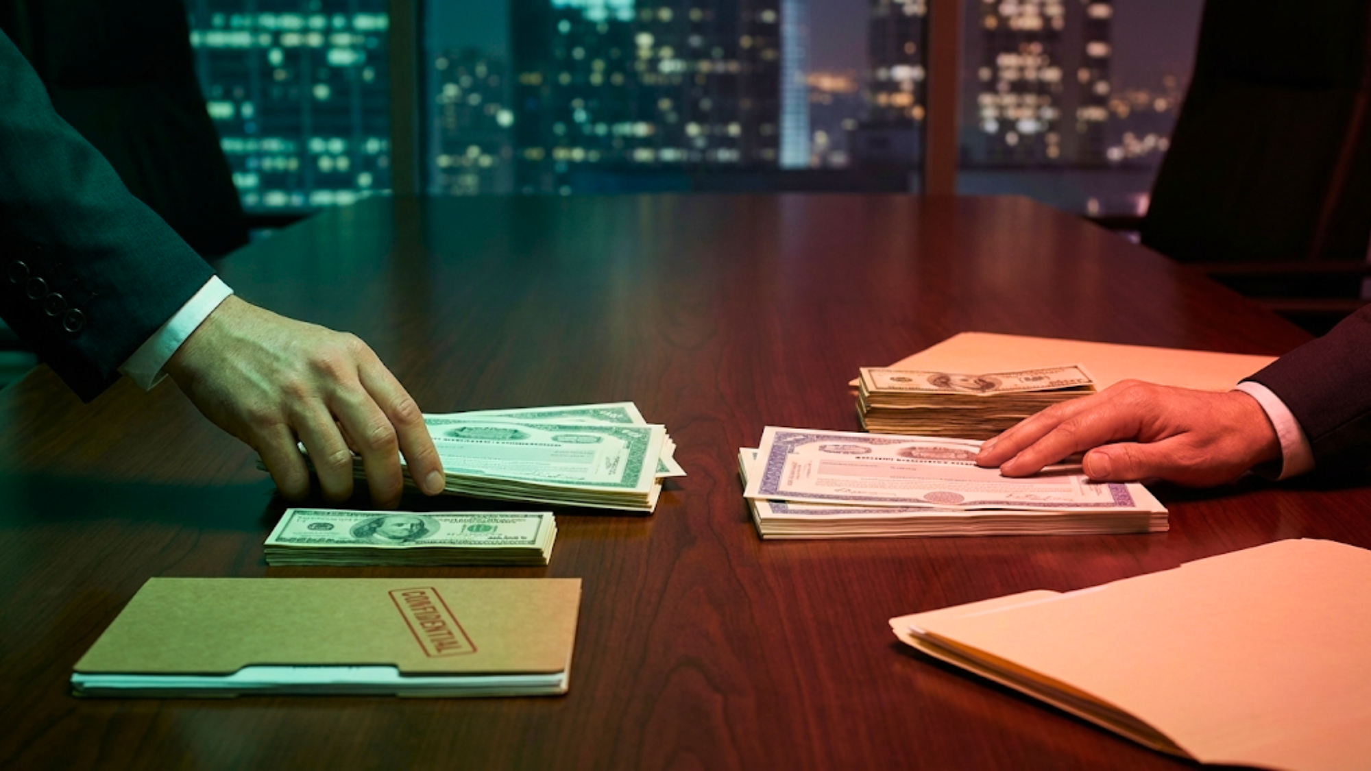 Hands trade cash and stock documents across boardroom table, symbolizing insider buying and selling activity. 