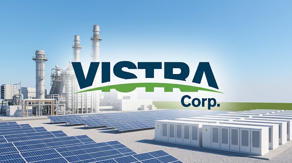 Vistra Corp. logo overlaid on a composite image showing solar panels, battery storage units, and a natural gas power plant.