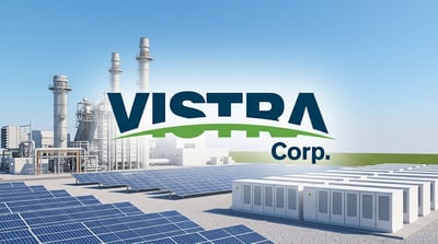 Vistra Corp. logo overlaid on a composite image showing solar panels, battery storage units, and a natural gas power plant.