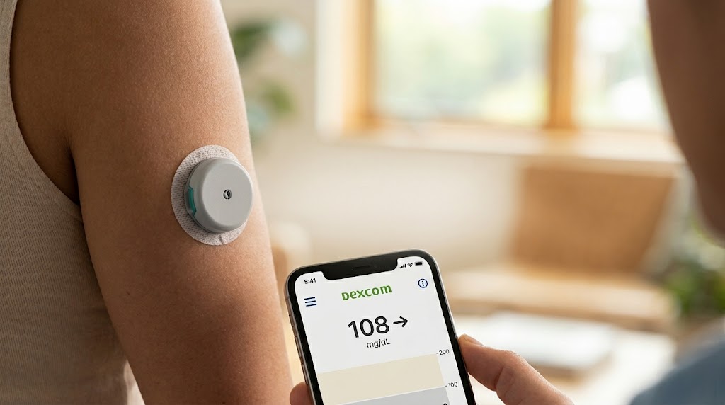 A Dexcom continuous glucose monitor worn on an arm displays a reading of 108 mg/dL on a paired smartphone app.