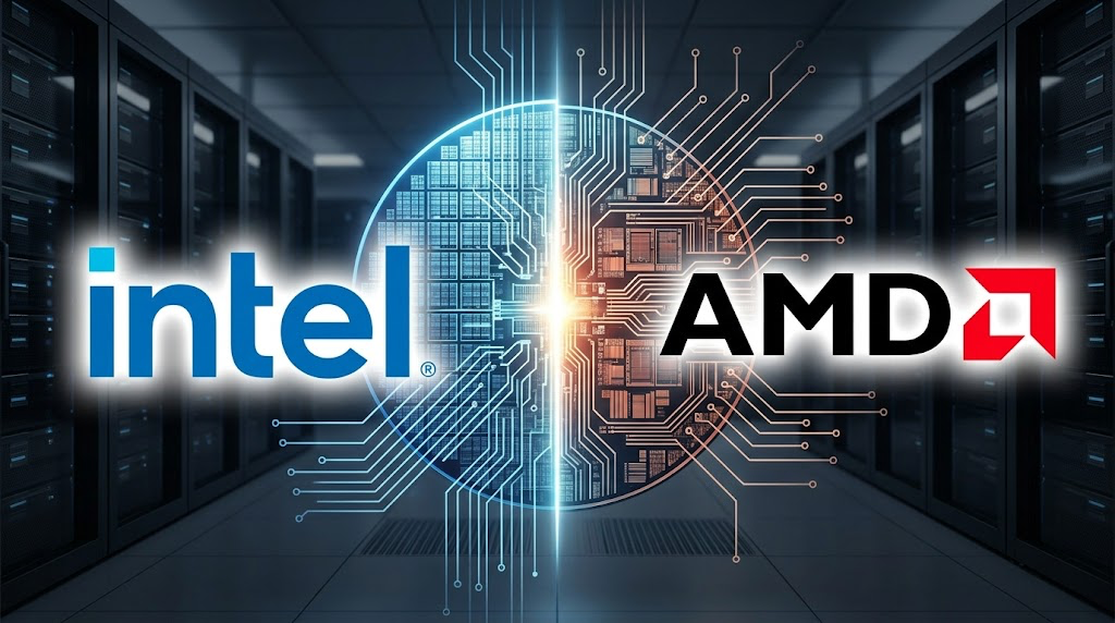 Intel and AMD logos displayed side by side against a stylized processor and data center background.