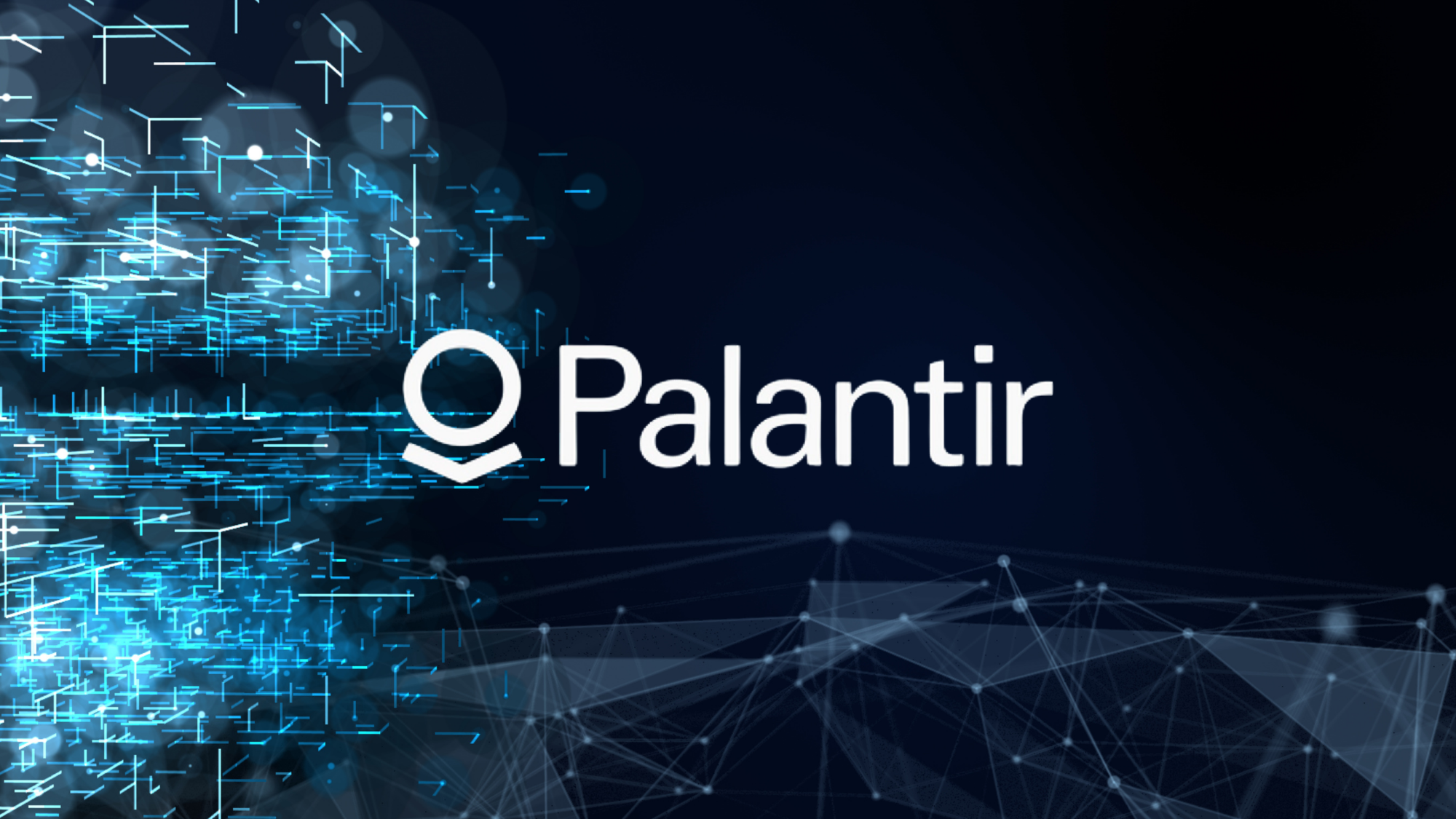 Palantir Technologies logo displayed against a dark blue background with abstract data network graphics.