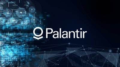 Palantir Technologies logo displayed against a dark blue background with abstract data network graphics.