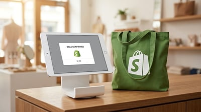 A Shopify-branded tablet point-of-sale display and green tote bag sit on a retail counter.