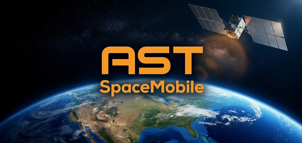 AST SpaceMobile promotional graphic featuring the company logo, a satellite, and Earth from orbit.