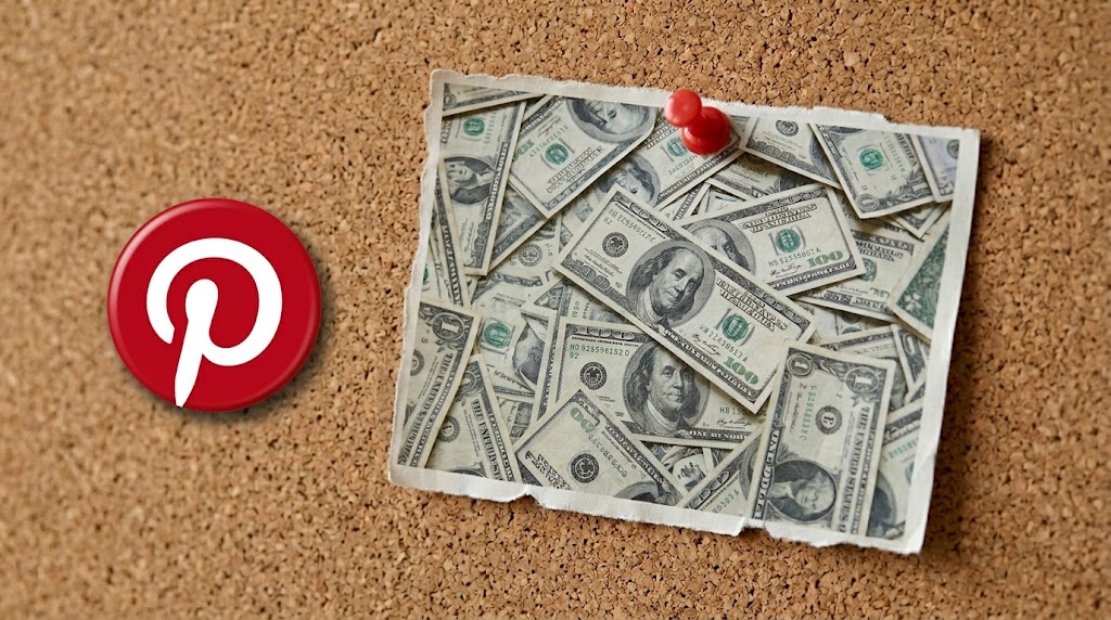 Pinterest logo pinned to a corkboard beside a note covered in U.S. hundred-dollar bills.