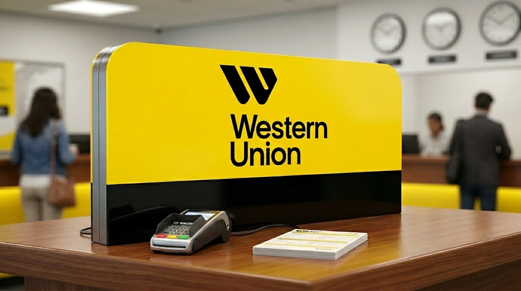 A Western Union service counter with a yellow logo sign, payment terminal, and customers in the background.