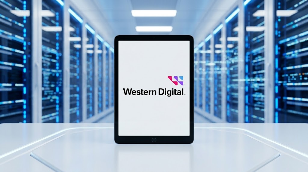 Western Digital logo displayed on a tablet screen in front of a data center server room.