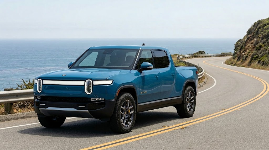 A blue Rivian R1T electric pickup truck drives along a coastal highway.