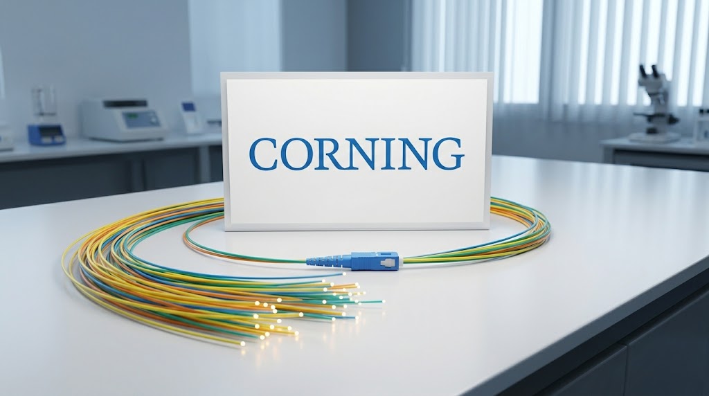 Corning logo displayed beside coiled fiber optic cables with a blue SC connector in a laboratory setting.
