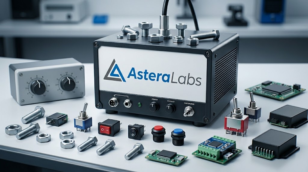 Astera Labs branded electronic device displayed alongside circuit boards, switches, bolts, and components on a lab bench.