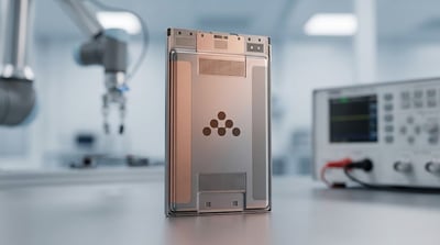 A rectangular solid-state battery cell displayed upright in a laboratory setting with testing equipment.