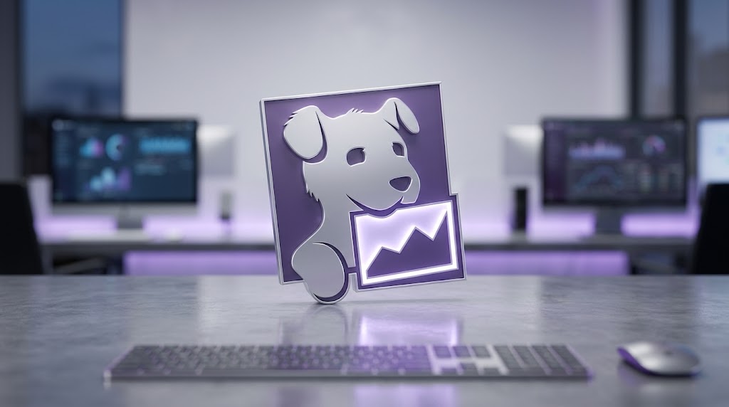 The Datadog logo, featuring a white dog and stock chart icon on a purple background, displayed on a desk.