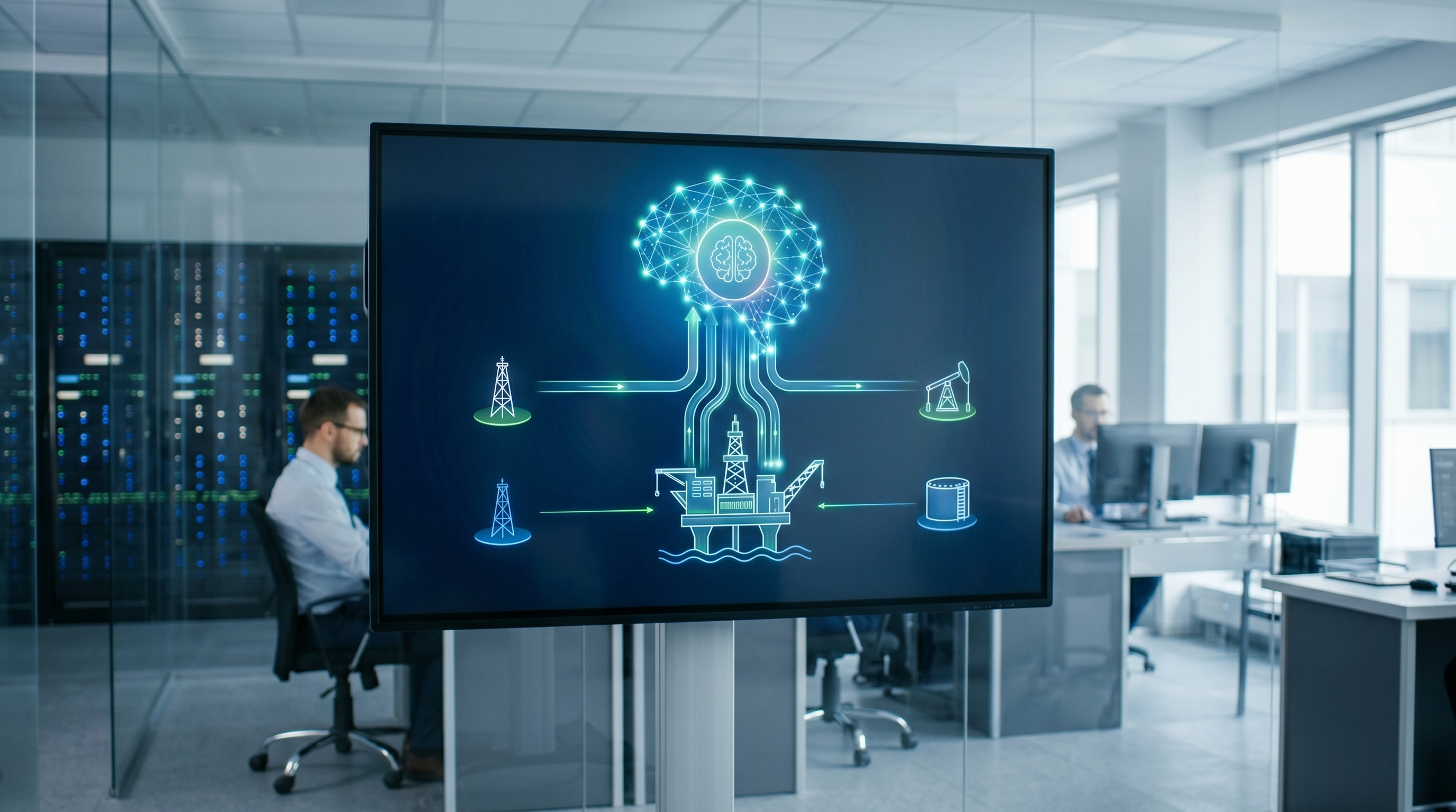 A display screen in a tech office shows an AI-connected oil and gas infrastructure diagram.