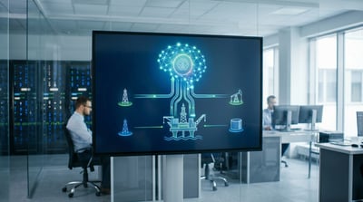 A display screen in a tech office shows an AI-connected oil and gas infrastructure diagram.