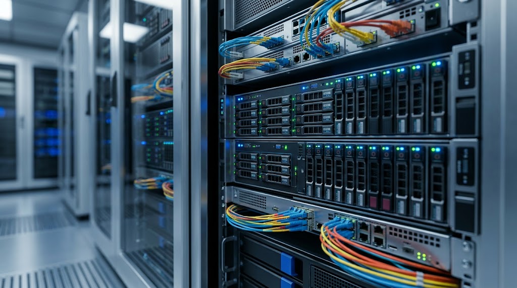 Rows of rack-mounted servers with multicolored ethernet cables in a data center.
