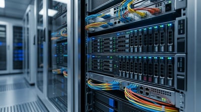 Rows of rack-mounted servers with multicolored ethernet cables in a data center.
