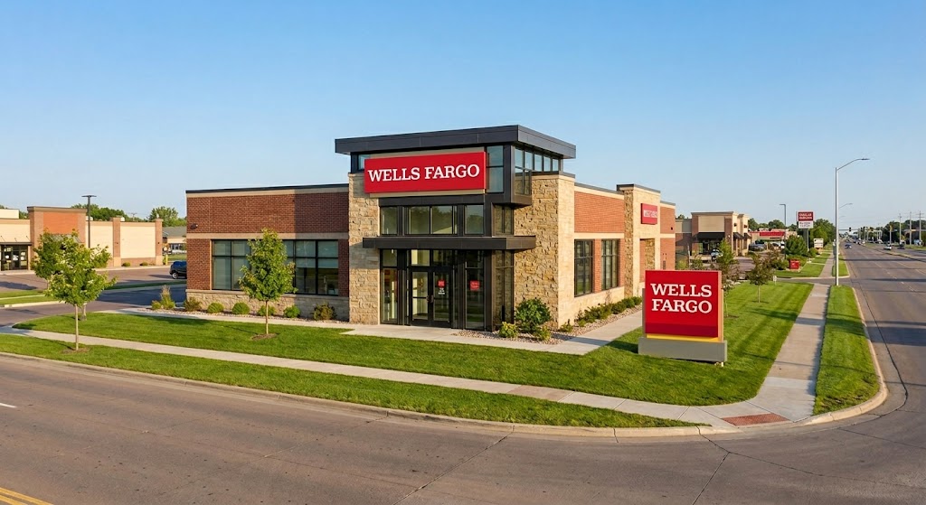 A Wells Fargo bank branch exterior featuring brick and stone construction on a suburban street corner.