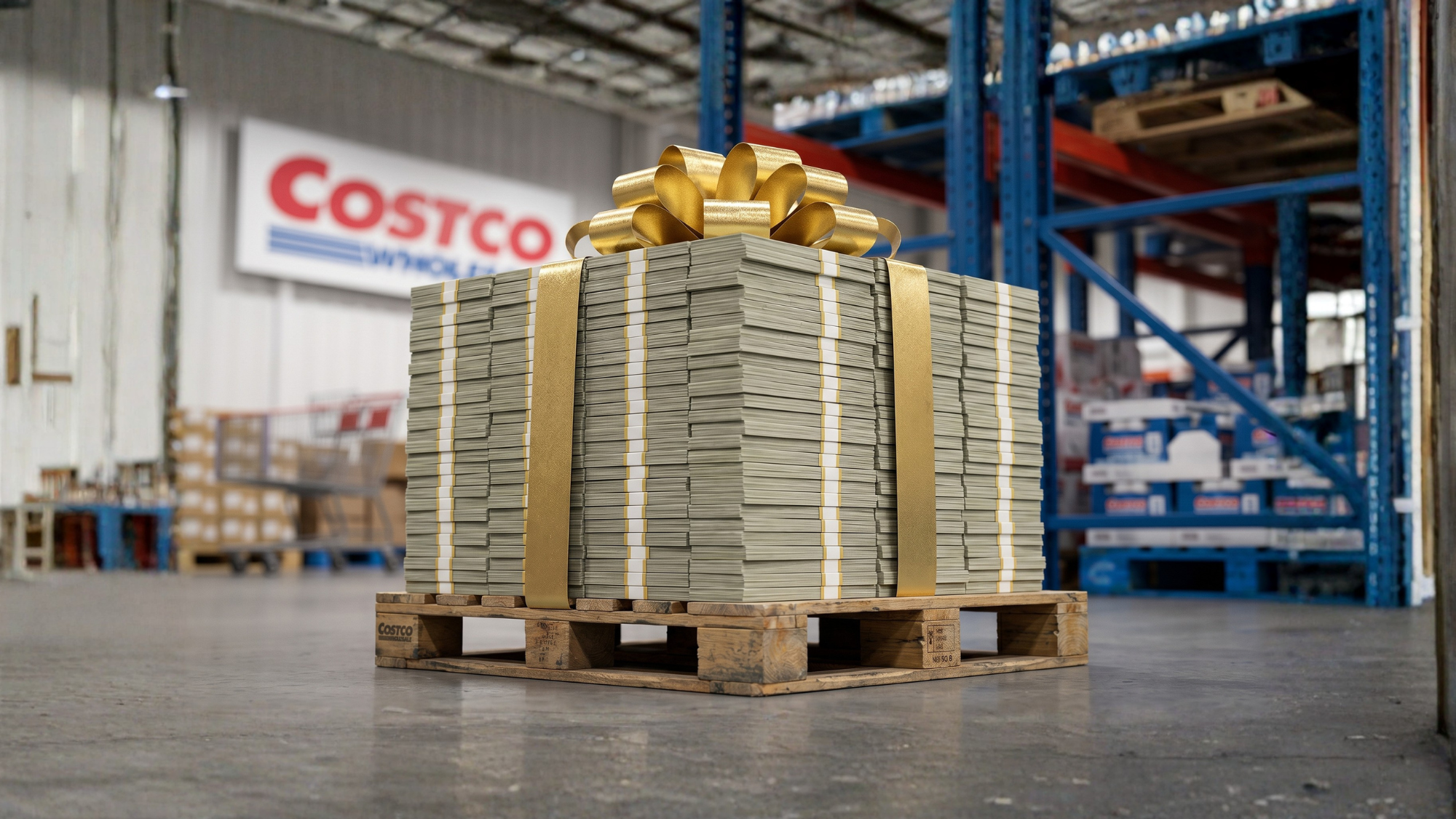 A large pallet stacked with bundled cash and topped with a gold bow inside a Costco Wholesale warehouse.