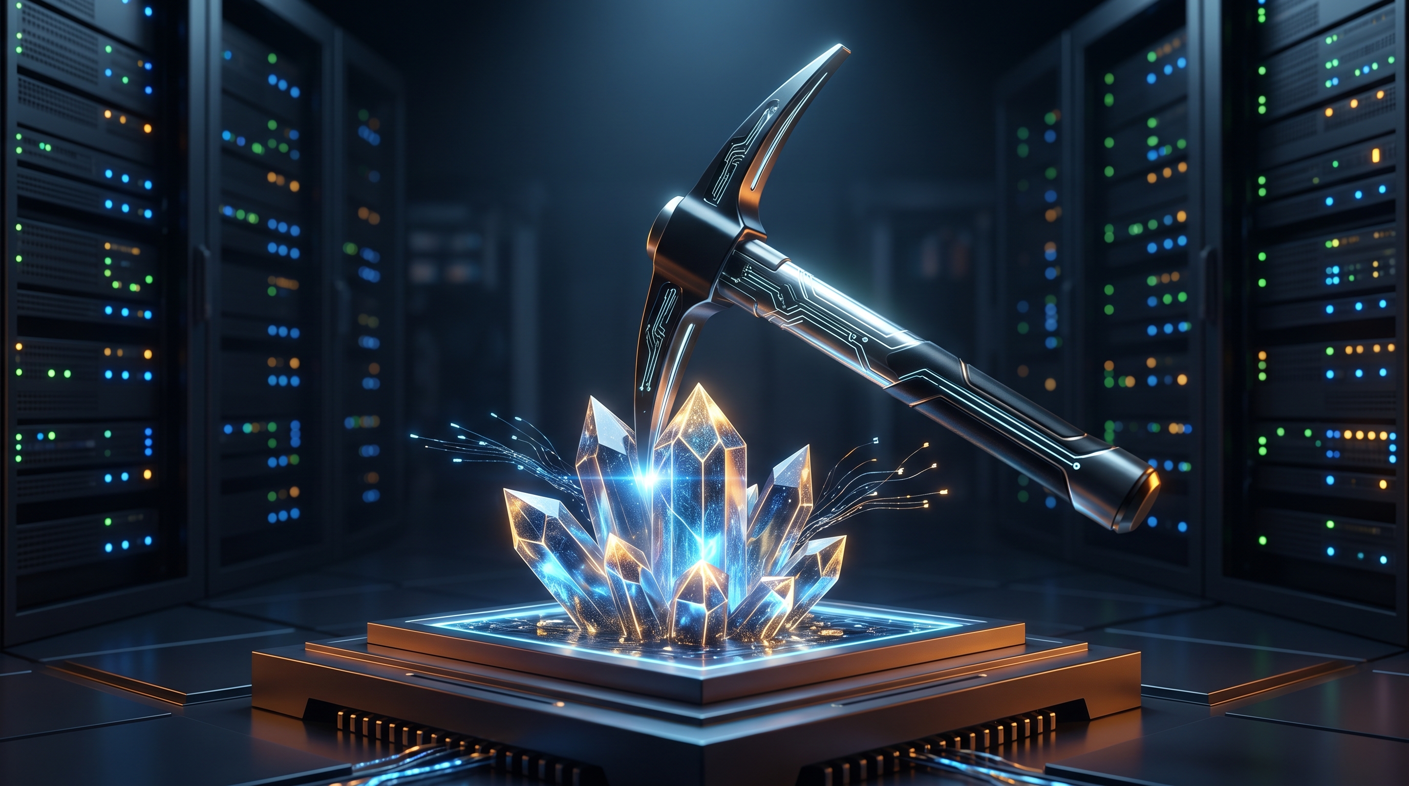 A stylized digital pickaxe strikes glowing crystals on a circuit board inside a server room.