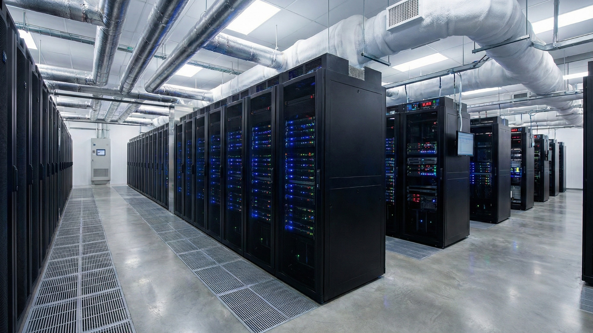 Rows of black server racks with blue indicator lights fill a commercial data center facility.