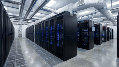 Rows of black server racks with blue indicator lights fill a commercial data center facility.