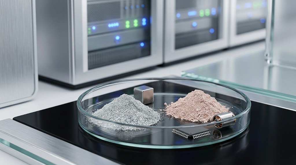 Two piles of rare earth mineral powder and small metal components displayed in a glass dish in a laboratory setting.
