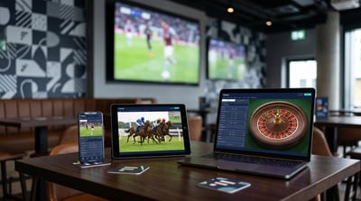 Flutter-branded smartphone, tablet, and laptop displaying sports betting and roulette interfaces in a bar setting.