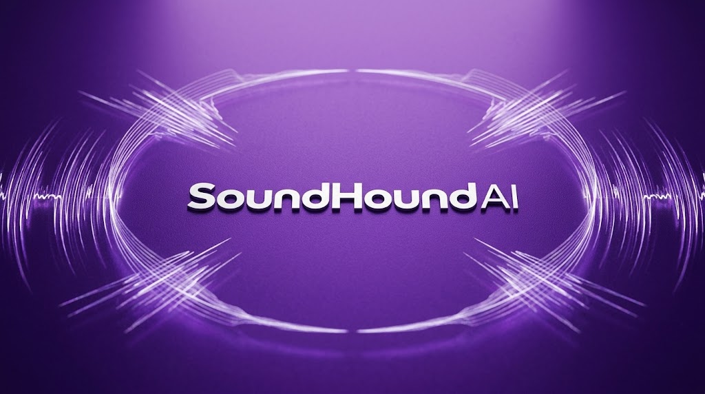 SoundHound AI logo displayed against a purple background with abstract audio waveform graphics.
