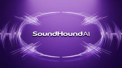 SoundHound AI logo displayed against a purple background with abstract audio waveform graphics.