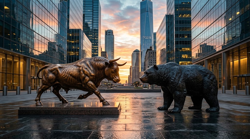 Bronze bull and bear statues face off in an urban financial district at sunset.
