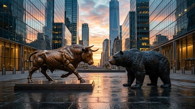 Bronze bull and bear statues face off in an urban financial district at sunset.
