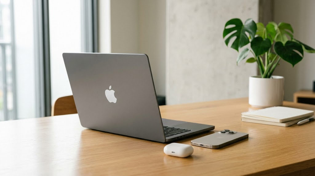 An Apple MacBook, iPhone, and AirPods case sit on a wooden desk beside a notebook.