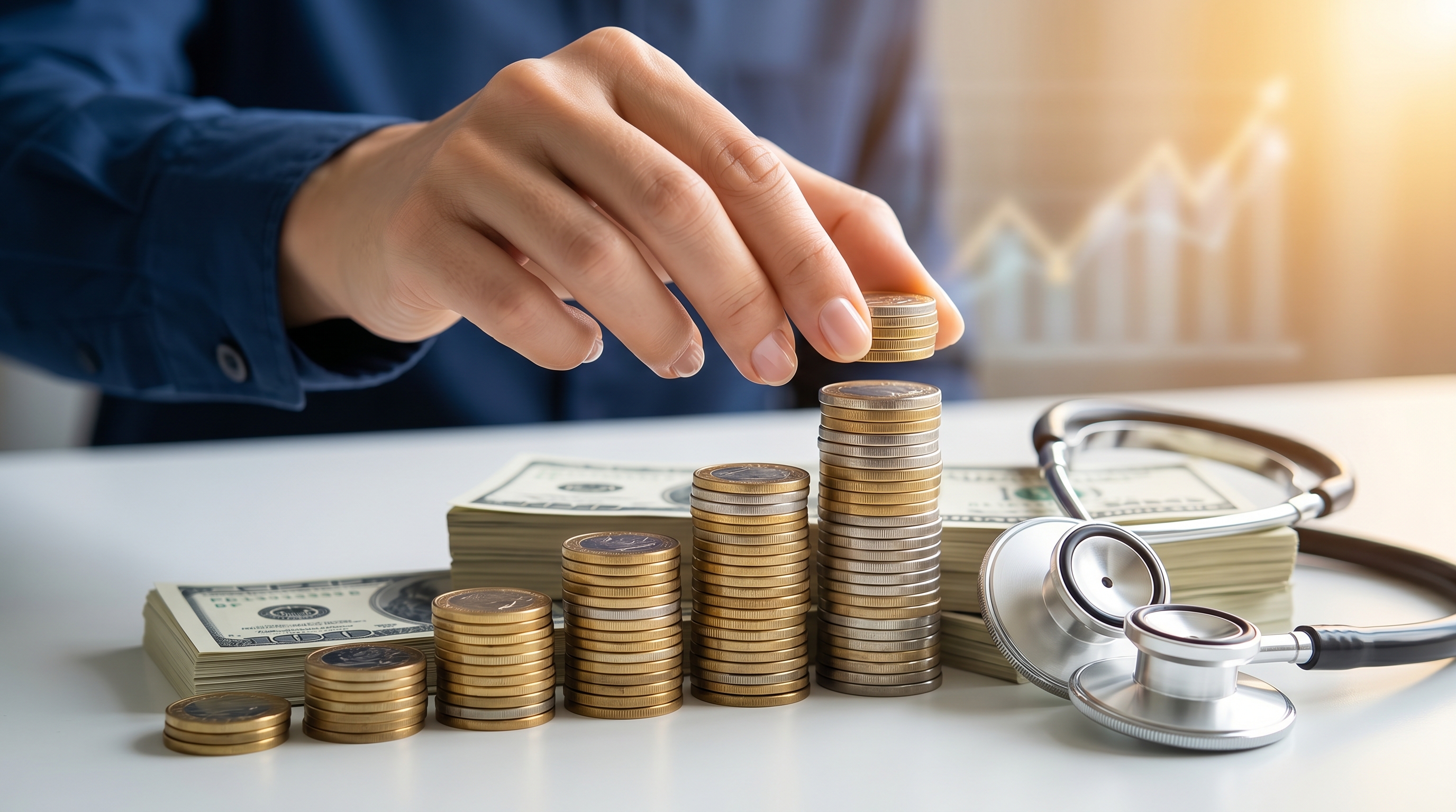 A hand stacks coins in ascending order beside a stethoscope, cash, and a rising bar chart.