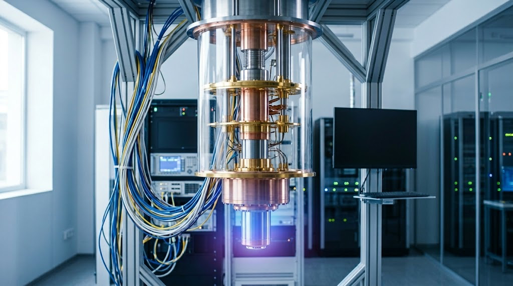 A gold and copper quantum computer suspended in a modern, high-tech research laboratory.